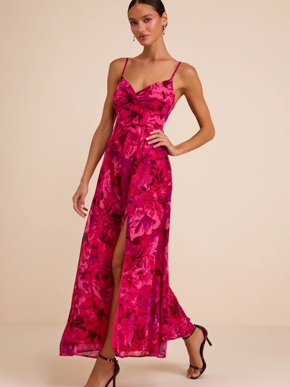 Lulus Beautiful Soul Fuchsia Floral Print Twist-Front Maxi Dress